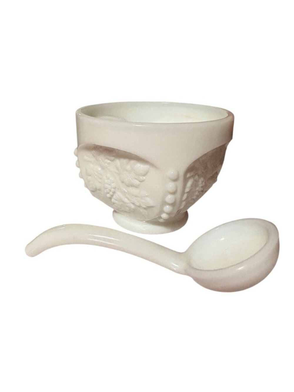 Vintage Westmoreland Milk Glass Sugar Condiment Bowl Paneled Grapes & Dots Spoon